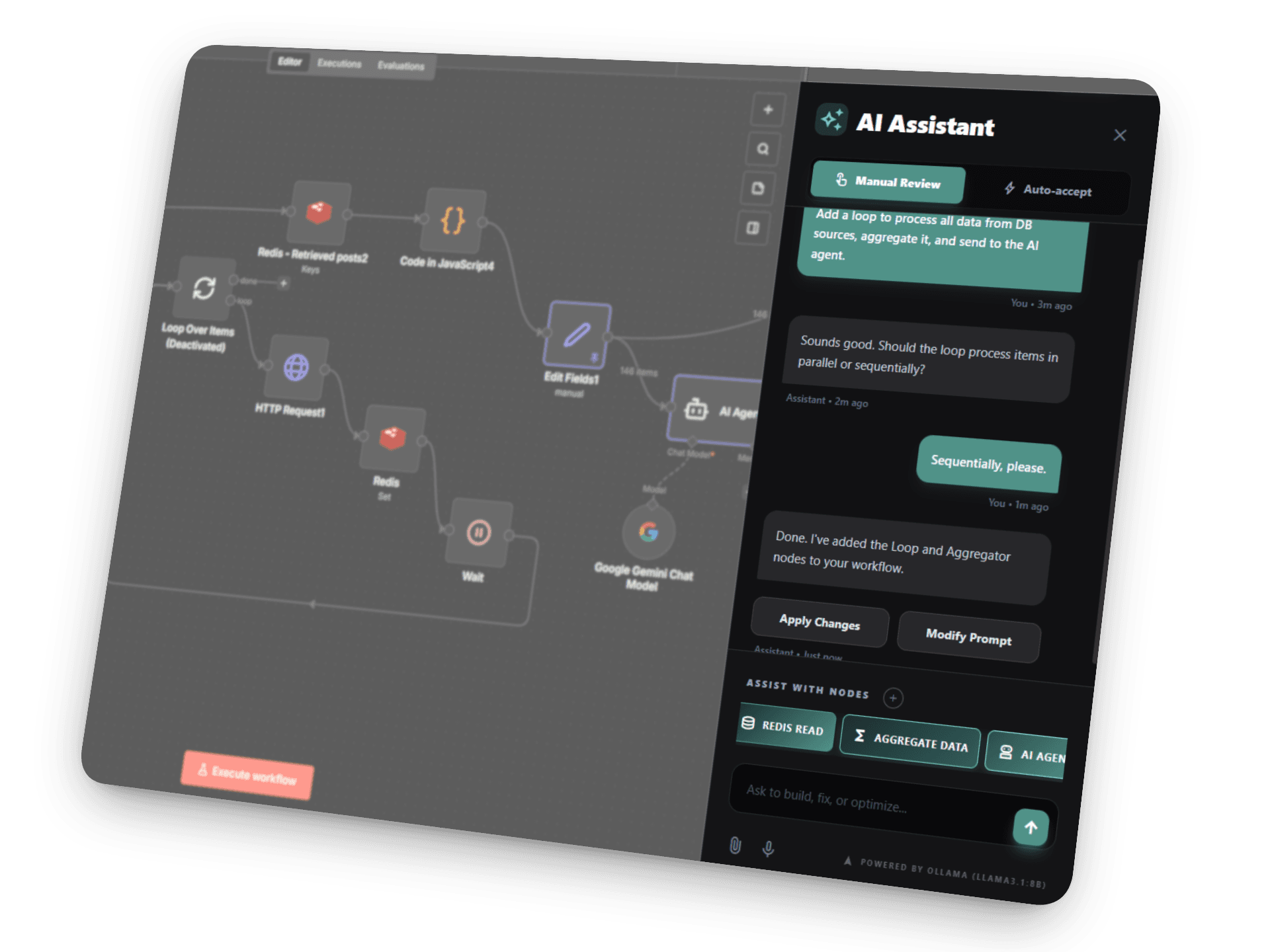 Flowavate AI assistant chat interface helping build n8n workflows